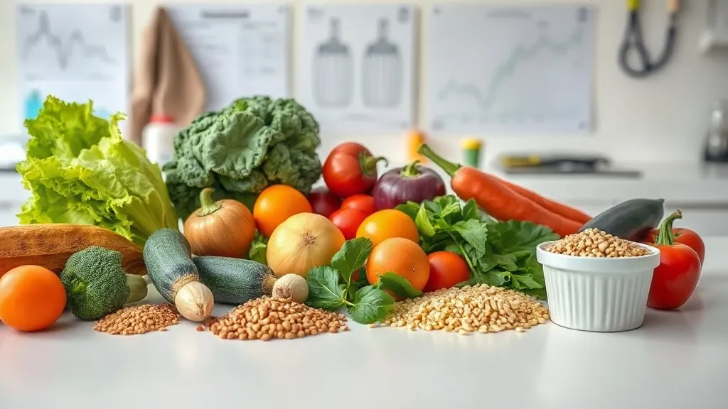 A technical close-up of fresh vegetables and grains on a cle